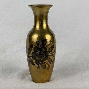 Vintage Brass Bud Vase with etched floral‎ design 6 Inches Tall Original Patina
